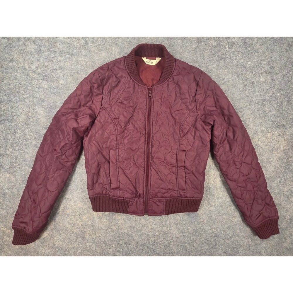 Hollister Burgundy Quilted Bomber Jacket Womens Medium Full Zip Fleece Lined Y2K